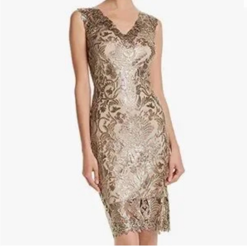 Tadashi Shoji Gold Embellished Sequin Sheath Midi Dress